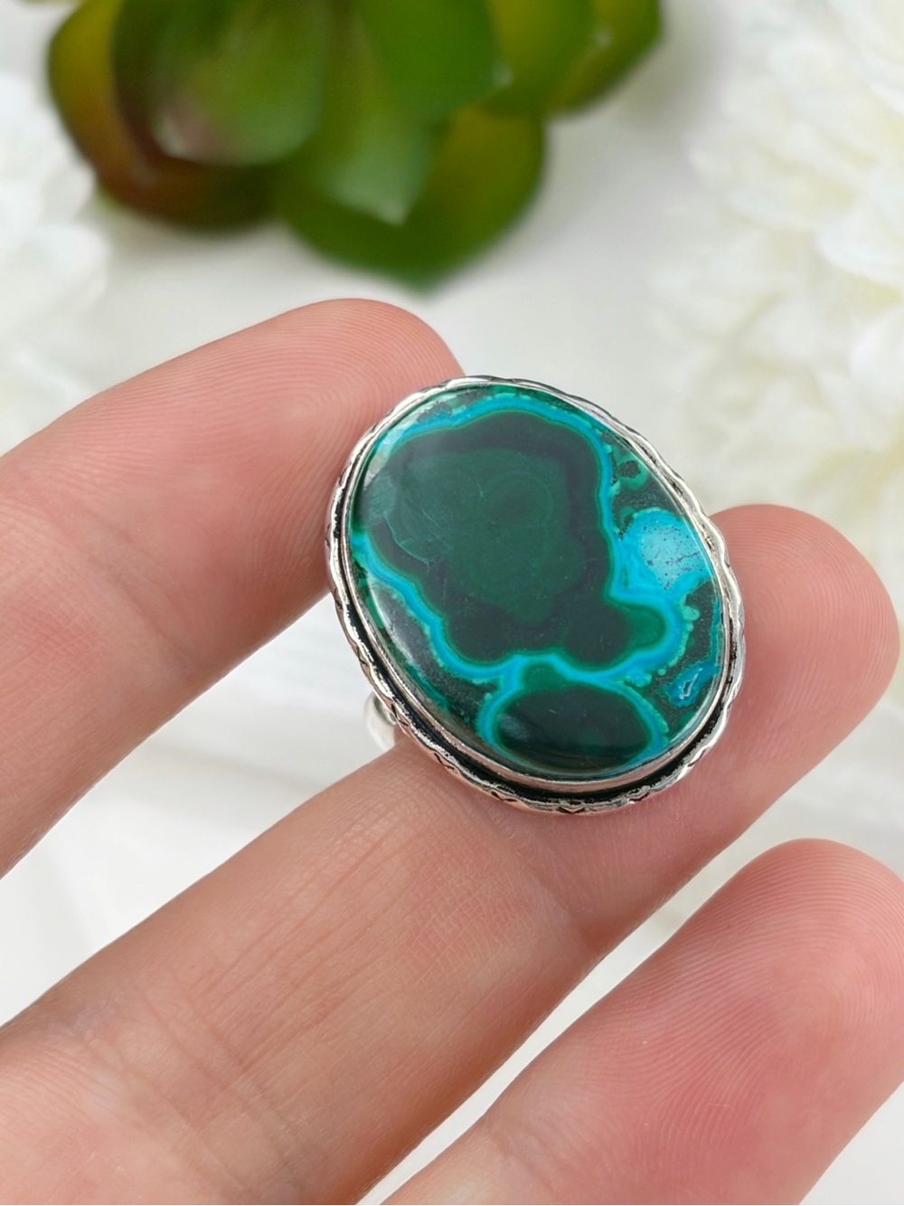 Chunky Malachite Chrysocolla Ring Size 6 1/4 6.25 Sterling Silver 925 Overlay - Picture 3 of 8